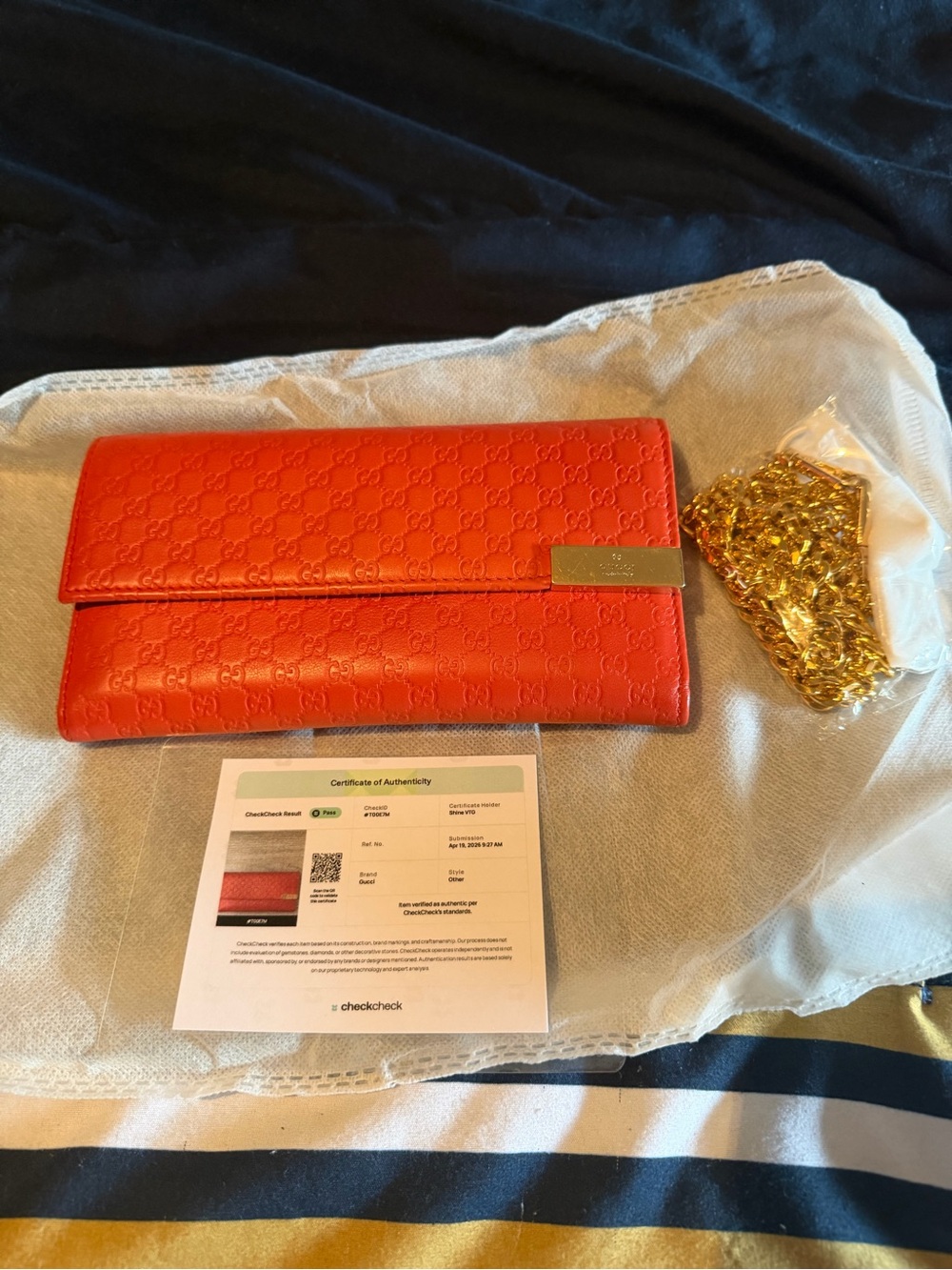 Gucci Red Leather Embossed Flap Clutch with Gold Chain